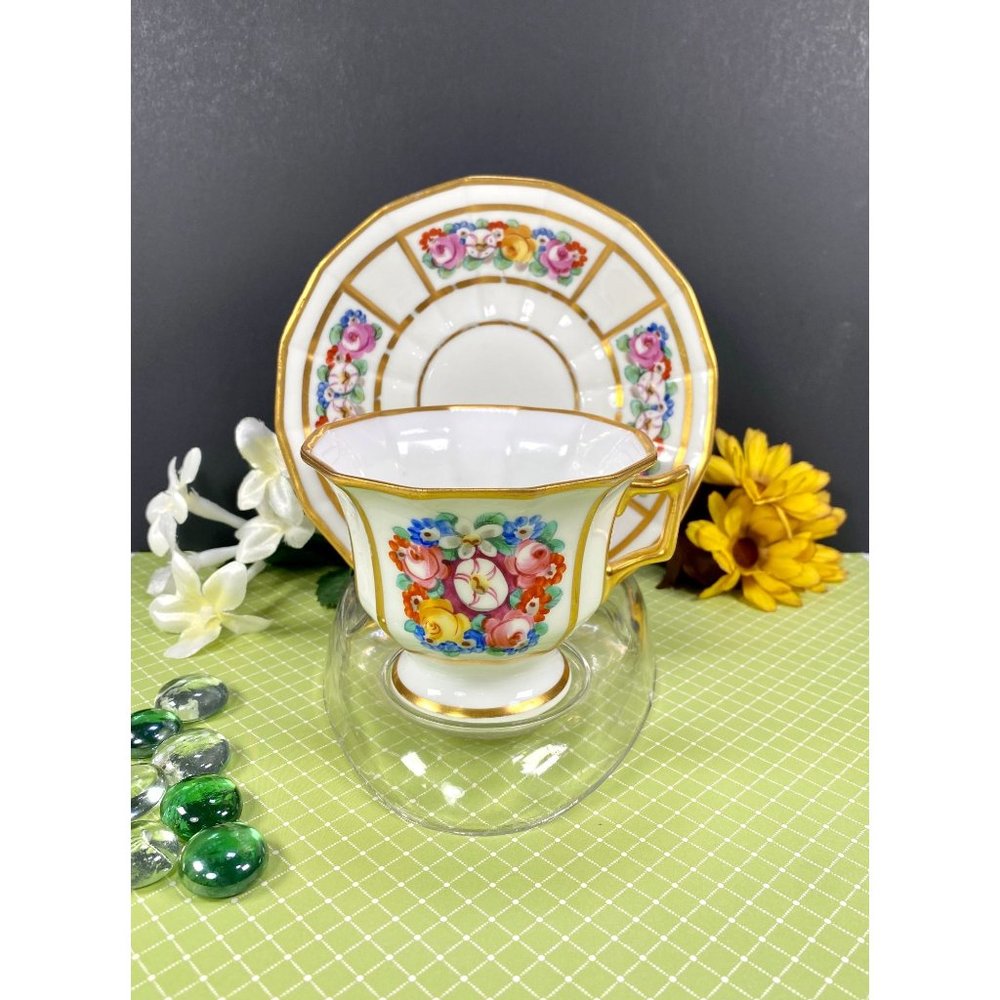 Limoges Haviland, floral tea cup saucer, Limoges floral teacup and saucer, cute